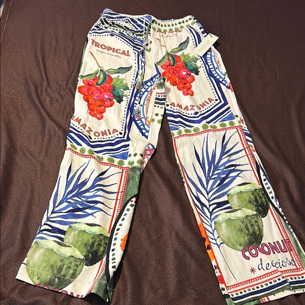 Rachel Zoe Red and Green Wide Leg Pants with Tropical Flair